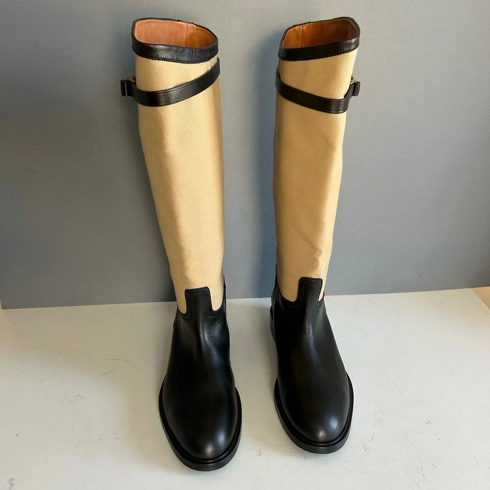 Polo Ralph Lauren Tall Riding Boots Women's 10B Black Leather Two-tone Tan NEW